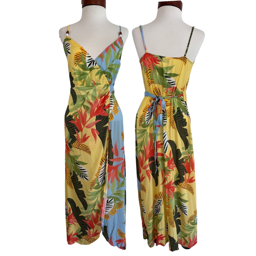 Desigual Tropical Floral Wrap Midi Dress Yellow Boho Resort Beach Vacation M - Picture 3 of 15